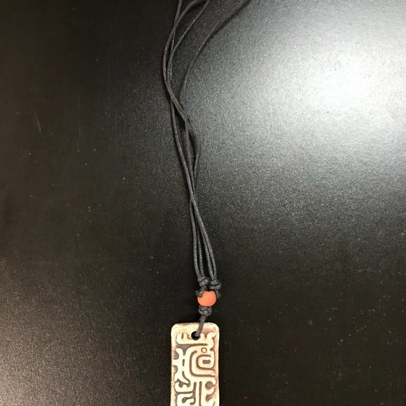 16-28" Long Rectangular Brown Cord Necklace with Ceramic Focal Bead - Picture 2 of 3